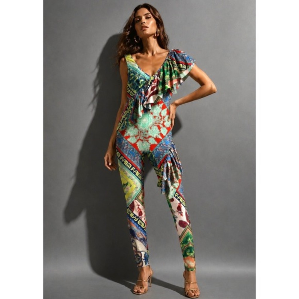 Farm Rio Mixed Scarf Print Ruffle Jumpsuit Womens Medium Paisley Floral Festival